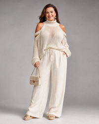 Elamen | Cold Shoulder Knit Sweater Wide Leg Pants Set