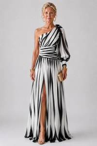 Stella & Grace™ |Elegant Striped Maxi Dress with One Shoulder